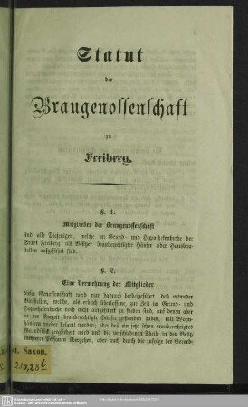 Statut der Braugenossenschaft zu Freiberg