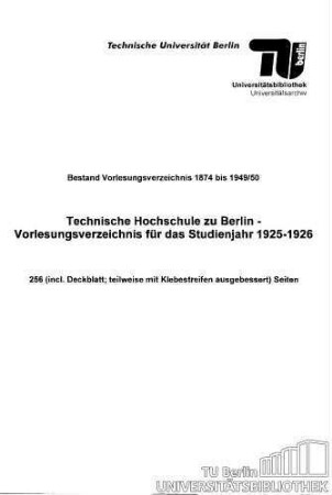 Vorlesungsverzeichnis für das Studienjahr 1925-1926