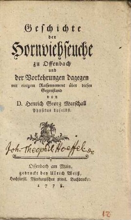 Geschichte der Hornviehseuche zu Offenbach und Vorkehrungen dagegen