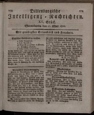 XX. Stück. Sonnabends den 17. May 1800.