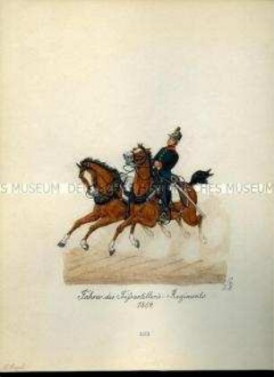Uniformdarstellung, Fahrer des Fußartillerie-Regiments zu Pferd mit Zugpferd, 1854. Aus: Sammelmappe "Sachsens Militär", Königliche Arsenalsammlung.