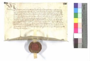 Propst Albrecht von Ellwangen beurkundet, dass Konrad von Pfahlheim (Pfalhein) mit seinem lehensherrlichen Konsens einen Hof zu Röhlingen (Rehling) an das Kapitel zu Ellwangen für 103 Gulden verkauft habe.