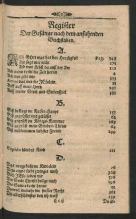 Register Der Gesänge nach dem anfahenden Buchstaben.
