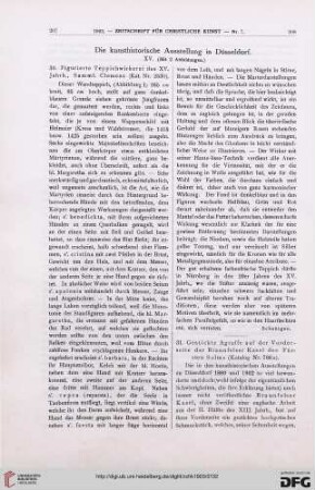 Die kunsthistorische Ausstellung in Düsseldorf, [15]: 30. Figurierte Teppichwirkerei des XV. Jahrh., Samml. Clemens (Kat. Nr. 2530), 31. Gestickte Agraffe auf der Vorderseite der Braunfelser Kasel des Fürsten Solms (Katalog Nr. 786a)