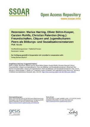Rezension: Marius Harring, Oliver Böhm-Kasper, Carsten Rohlfs, Christian Palentien (Hrsg.): Freundschaften, Cliquen und Jugendkulturen: Peers als Bildungs- und Sozialisationsinstanzen