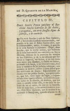 Capitulo IV. Donde Sancho Pança satisfaze al Bachillèr Sanson Carrasco de sus dudas, y preguntas, [...]