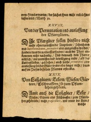 XXIX. Von Laßgütern/ Eckern/ Wiesen/ Gärten/ Fischwassern/ so zum Pfarrlehen gehören.
