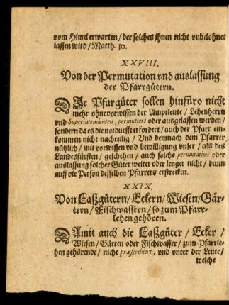 XXIX. Von Laßgütern/ Eckern/ Wiesen/ Gärten/ Fischwassern/ so zum Pfarrlehen gehören.