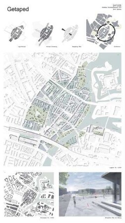 Spandau bei Berlin Schinkelwettbewerb 2014: Lageplan 1:2000, Diagramme, perspektivische Ansicht, Schwarzplan 1:5000