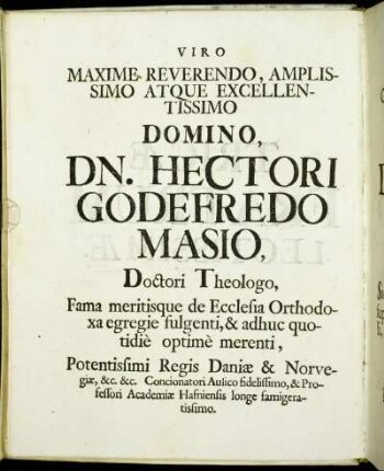 Viro Maxime Reverendo [...] Domino, Dn. Hectori Godefredo Masio [...]