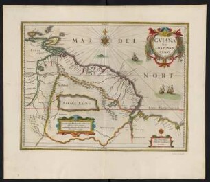 Karte von Guayana und dem Amazonasgebiet, ca. 1:5 600 000, kolorierter Kupferstich, 1645 : Guiana sive Amazonum Regio / Ioannes Ianssonius excudit. - [Ca. 1:5.600.000]. - Amstelodami//Amsterdam : Ioannes Ianssonius, [1645]. - 1 Kt : Kupferst ; 36 x 47 cm. - Maßstab in graph. Form (Milliaria Germanica communia, Milliaria Gallica communia)
