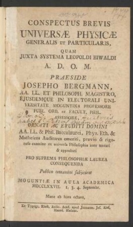 Conspectus Brevis Universæ Physicæ Generalis Et Particularis