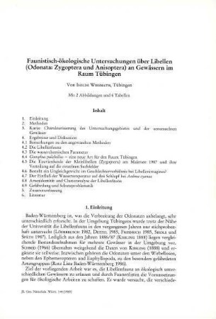 Faunistisch-ökologische Untersuchungen über Libellen (Odonata: Zygoptera und Anisoptera) an Gewässern im Raum Tübingen