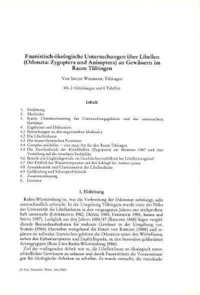 Faunistisch-ökologische Untersuchungen über Libellen (Odonata: Zygoptera und Anisoptera) an Gewässern im Raum Tübingen