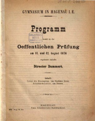Programm : womit zu der öffentlichen Prüfung und zu dem Schlussakt ... ergebenst einladet. 1875/76