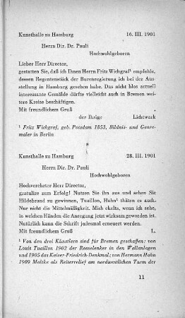Kunsthalle zu Hamburg 28. III. 1901 Herrn Dir. Dr. Pauli Hochwohlgeboren