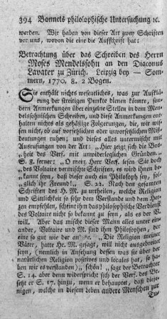 Betrachtung über das Schreiben des Herrn Moses Mendelssohn an den Diaconus Lavater zu Zürich.