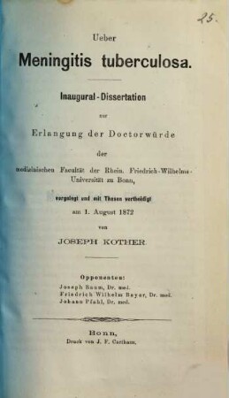 Ueber Meningitis tuberculosa : Inaugural-Dissertation