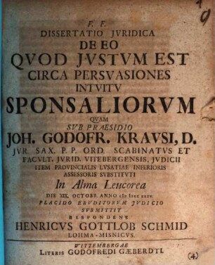 Dissertatio Jvridica De Eo Qvod Jvstvm Est Circa Persvasiones Intvitv Sponsaliorvm