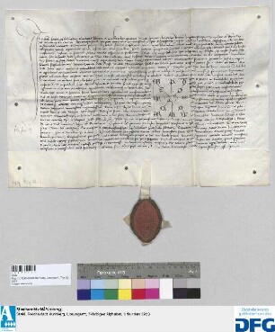 Georius, Abt des Benediktinerklosters St. Egidien in Nürnberg, stellt ein Vidimus aus von der Bestätigungsurkunde des Kaisers Karl IV. für das Kloster Pillenreuth d.d. 19 Januar 1356.