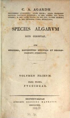 Species algarum rite cognitae : cum synonymis, differentiis specificis, et descriptionibus succinctis, 1,1