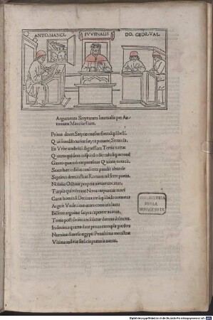 Satirae : mit den Kommentaren und den Widmungsbriefen an Nicolaus Rubeus, Venedig 9.6.1492, an Giuliano de' Medici bzw. an Johannes Tuccius von Antonius Mancinellus, Domitius Calderinus und Georgius Valla. Mit Vita Iuvenalis. - Mit Gedicht auf das Werk von Antonius Mancinellus. Mit Privileg