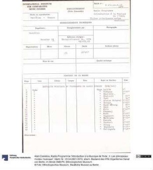 Radio Programme "Introduction à la Musique de l'Inde ; II. Les principeaux modes musicaux"