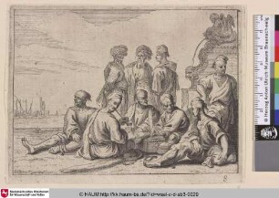 [Seemänner entspannen vor einem Brunnen rechts; Sailors relaxing before a fountain at the right]