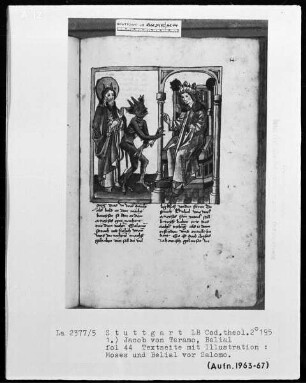 Jacob von Teramo, Belial und Johannes von Mandeville, Reise nach Jerusalem — Jacob von Teramo, Belial — Moses und Belial vor Salomon, Folio 44recto