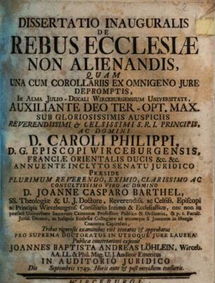 Dissertatio Inauguralis De Rebus Ecclesiae Non Alienandis : Una Cum Corollariis Ex Omnigeno Jure Depromptis