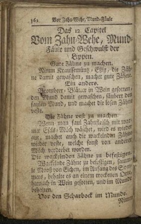 12. Vom Zahn-Wehe, Mund-Fäule und Geschwulst der Lippen