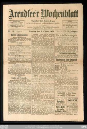 Arendsee'r Wochenblatt, Nr. 118. Dienstag, den 5. Oktober 1920.
