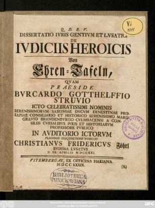 Dissertatio Ivris Gentivm Et Lvsatici De Ivdiciis Heroicis