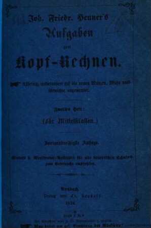 Aufgaben zum Kopf-Rechnen, 2. (Für Mittelklassen)