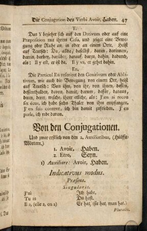 47-58, Von den Conjungationen. 1. Avoir, haben; 2. Etre, seyn.