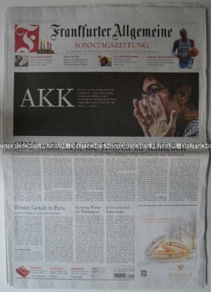 Wochenzeitung "Frankfurter Allgemeine Sonntagszeitung" mit Titel zur Wahl Annegret Kramp-Karrenbauers zur neuen CDU-Vorsitzenden