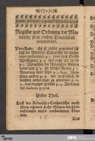 Register und Ordnuug der Materien/ so in diesem Tractätlein enthalten sind.