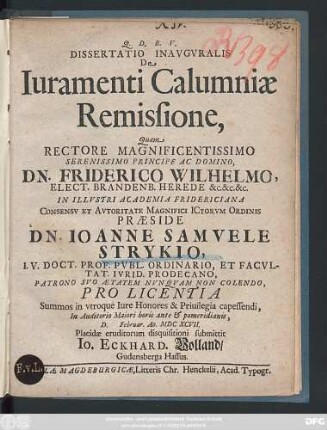 Dissertatio Inauguralis De Iuramenti Calumniae Remissione