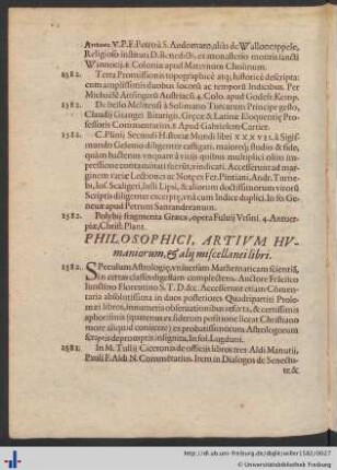 Philosophici, Artivm Hvmaniorum, & alij miscellanei libri.