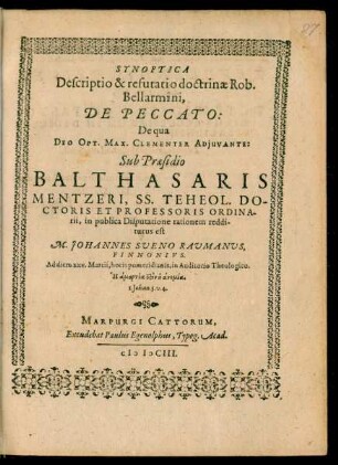Synoptica Descriptio & refutatio doctrinae Rob. Bellarmini, De Peccato