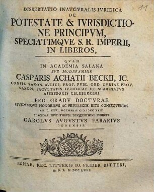 Dissertatio Inavgvralis Ivridica De Potestate & Ivrisdictione Principvm, Speciatimqve S. R. Imperii, In Liberos
