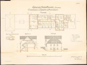 Psychiatrische Klinik der Albertus-Universität Königsberg: Wirtschaftsgebäude mit Leichenhalle und Beamtenwohnhaus: Grundriss DG, Detail, Schnitt, Ostansicht 1:100