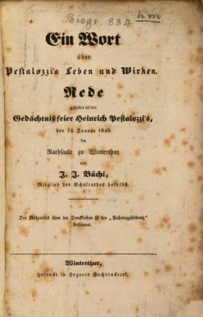 Ein Wort über Pestalozzi's Leben und Wirken