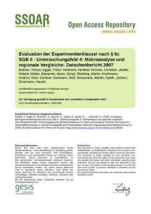 Evaluation der Experimentierklausel nach § 6c SGB II - Untersuchungsfeld 4: Makroanalyse und regionale Vergleiche: Zwischenbericht 2007