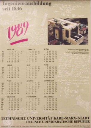 Kalender Technische Universität Karl-Marx-Stadt "Ingenieurausbildung seit 1836", 1989