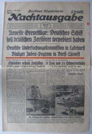 Umschlagblatt der Abendzeitung "Berliner illustrierte Nachtausgabe" u.a. über den Krieg in Spanien und die Zerstörung eines britischen Königsdenkmals in Dublin