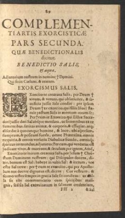 Complementi Artis Exorcisticae Pars Secunda. Quae Benedictionalis dicitur.