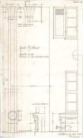 Fischer, Theodor; München; Haus Milker - Säulen u. Fensterkonsole (Ansicht, Teilansichten, Schnitt, Detail)