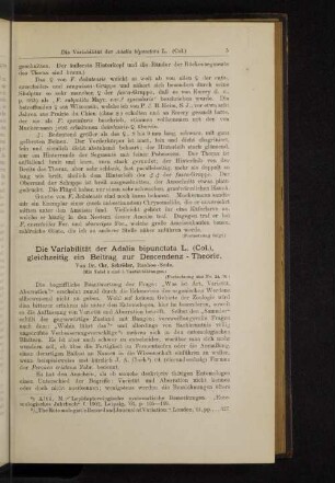 Die Variabilität der Adalia bipunctata L. (Col.), gleichzeitig ein Beitrag zur Descendenz-Theorie.