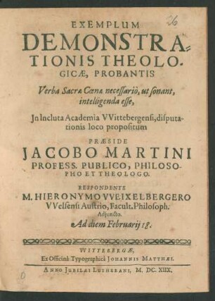 Exemplum Demonstrationis Theologicae, Probantis Verba Sacrae Coenae necessario, ut sonant, intelligenda esse